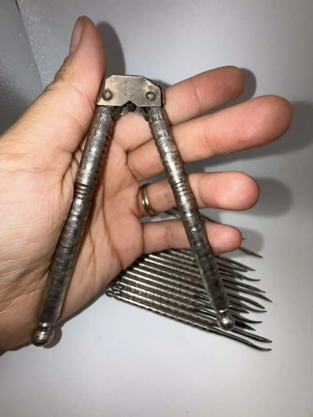 Vintage HMQ Nickel Plated Nutcracker and 12-Piece Nut Pick Set